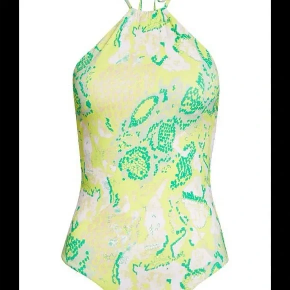 NWT-Women’s Vero Moda Halterneck One-Piece Swimsuit Lime Snake Print Size XL - Picture 2 of 10